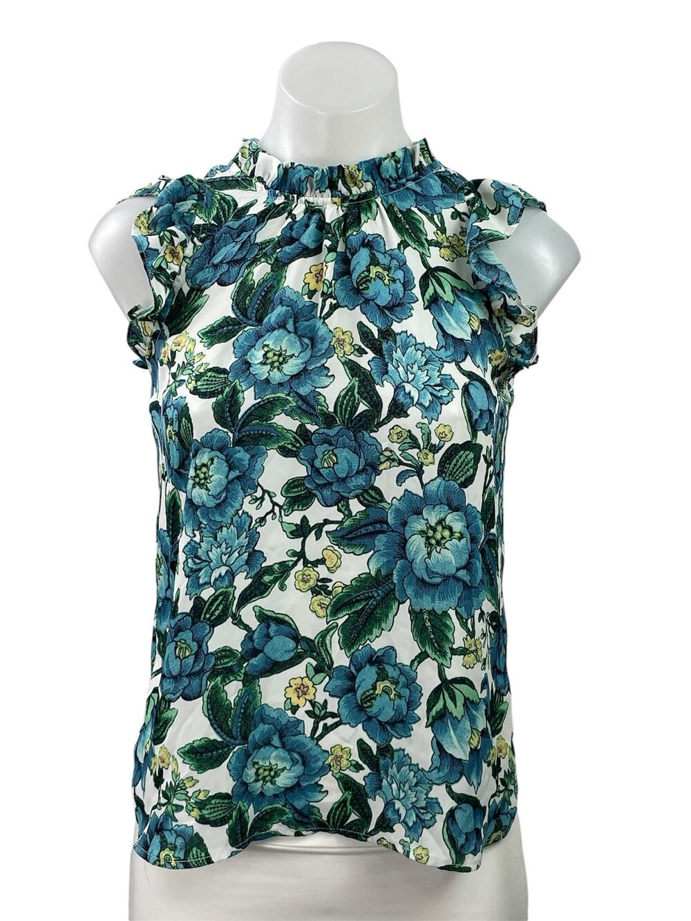 Ann Taylor LOFT Blue Floral Sleeveless Mock Neck Ruffle Tank Blouse Top Size XSP